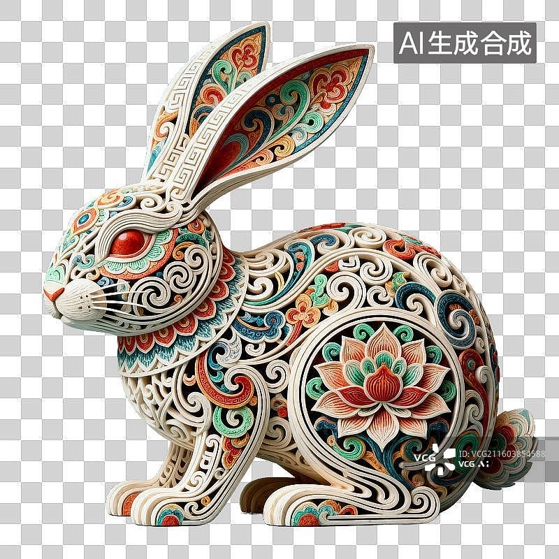 【AI数字艺术】国潮风十二生肖兔年 3D 剪纸风格彩色插画免抠素材图片素材