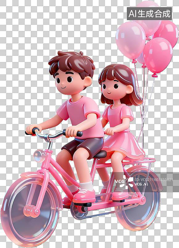 【AI数字艺术】卡通情侣骑粉色双人自行车图片素材