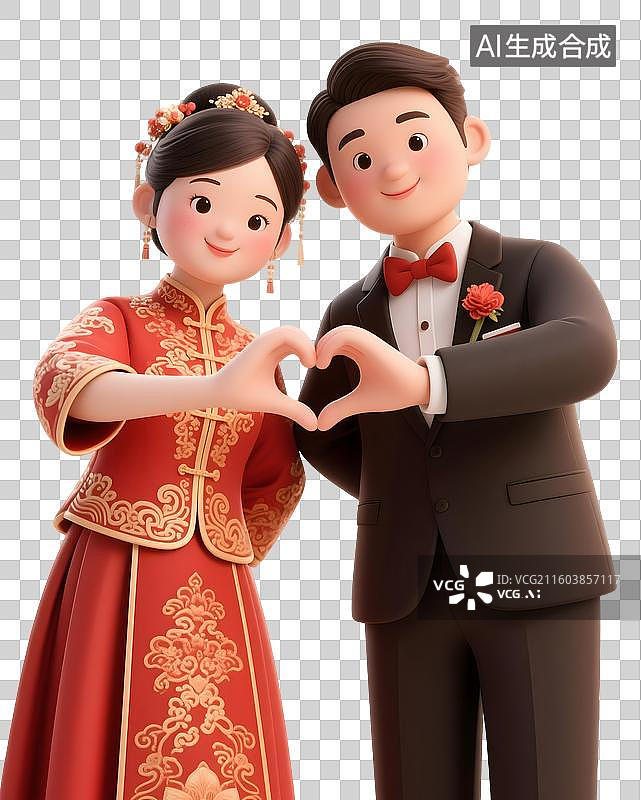 【AI数字艺术】AIGC：3D渲染中式婚礼穿中式服装的婚礼新人做手势比心，新婚夫妇，元素，设计元素图片素材