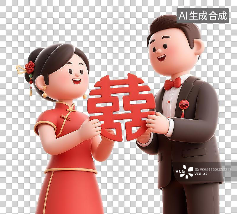 【AI数字艺术】AIGC：3D渲染穿中式服装的新婚夫妻，手拿红色囍字，结婚婚礼，元素，免抠图形图片素材