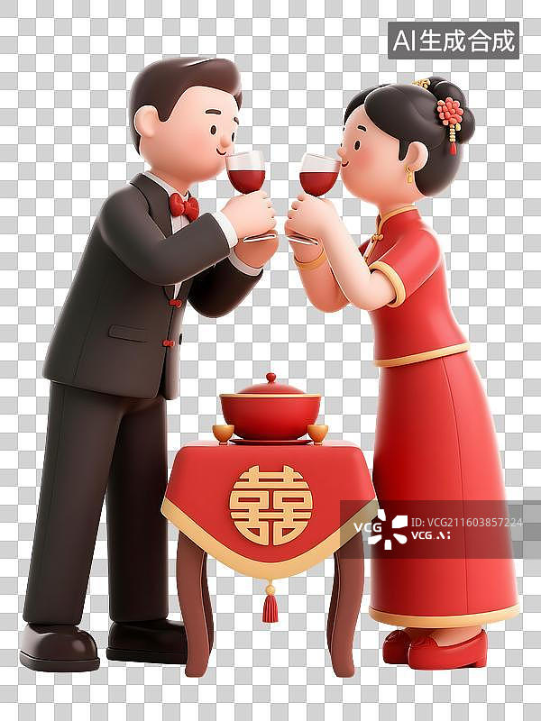 【AI数字艺术】AIGC：3D渲染穿中式服装的中式婚礼新人喝交杯酒，中国文化，国潮风，元素，免扣图图片素材