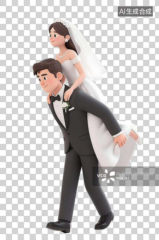 【AI数字艺术】AIGC：3D渲染西式婚礼上新郎背起了新娘，结婚新婚夫妇，元素，免抠图图片素材