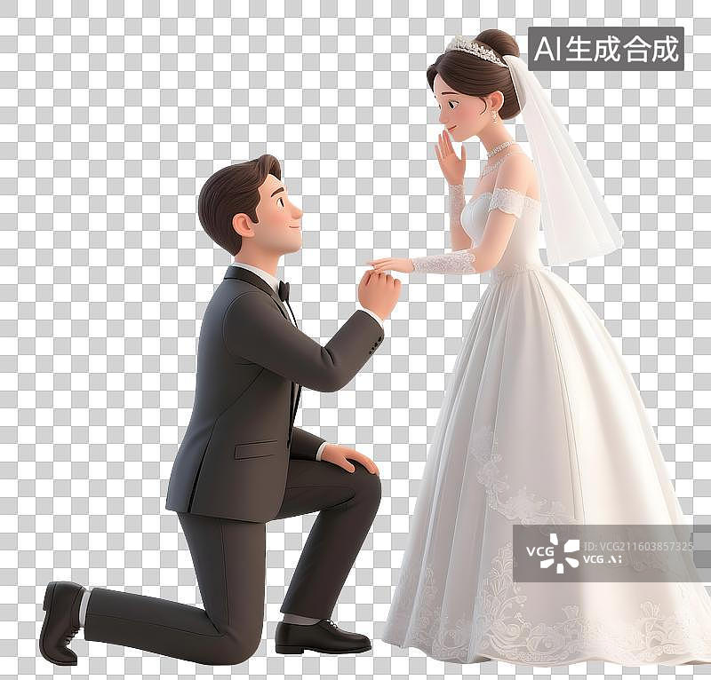 【AI数字艺术】AIGC：3D渲染新郎单膝下跪向新娘求婚，浪漫，西式婚礼，结婚，元素，免抠图图片素材