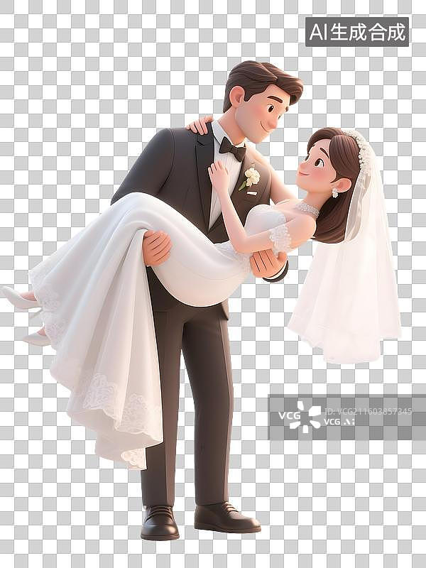 【AI数字艺术】AIGC:3D渲染西式婚礼新人，新郎抱起了新娘，新婚夫妻，婚纱照，元素，免抠图图片素材