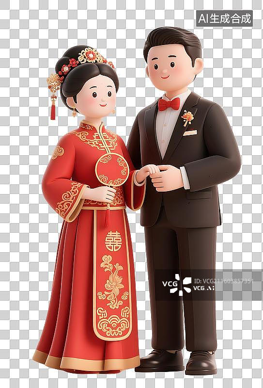 【AI数字艺术】AIGC：3D新婚夫妻，中式服装，中式婚礼，团扇，元素免扣图图片素材