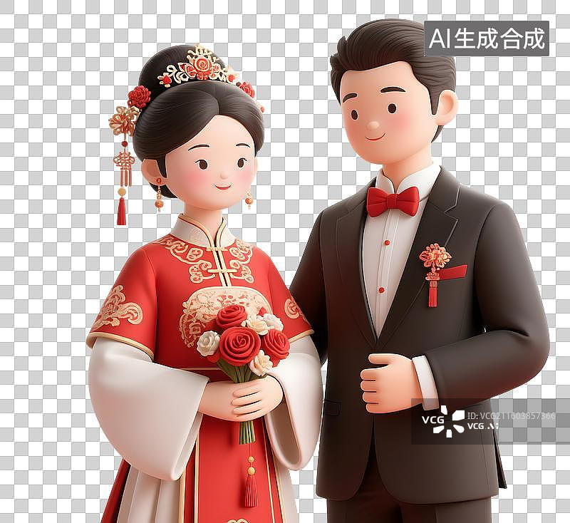 【AI数字艺术】AIGC：3D新婚夫妻，中式服装，中式婚礼，元素免扣图图片素材