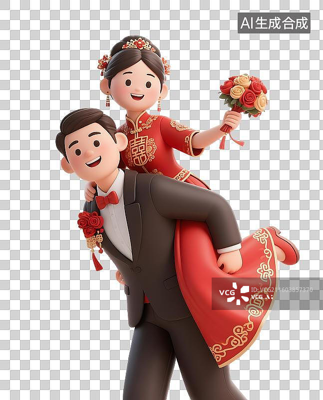 【AI数字艺术】AIGC：3D渲染新郎背着新娘，中式婚礼新人，元素，免抠图图片素材