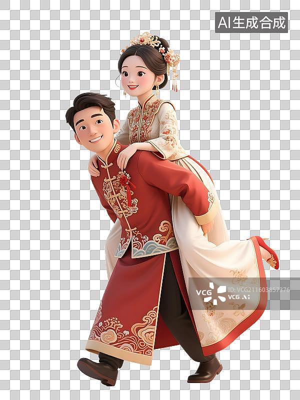 【AI数字艺术】AIGC：3D渲染新郎背着新娘，中式婚礼新人，元素，免抠图图片素材