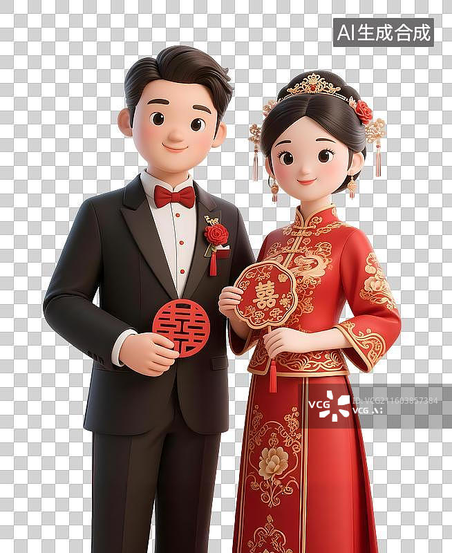 【AI数字艺术】AIGC：3D新婚夫妻，中式服装，中式婚礼，团扇，元素免扣图图片素材