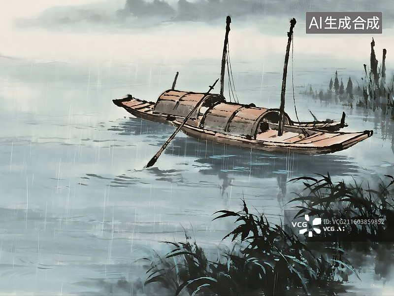 【AI数字艺术】春潮带雨晚来急，野渡无人舟自横图片素材