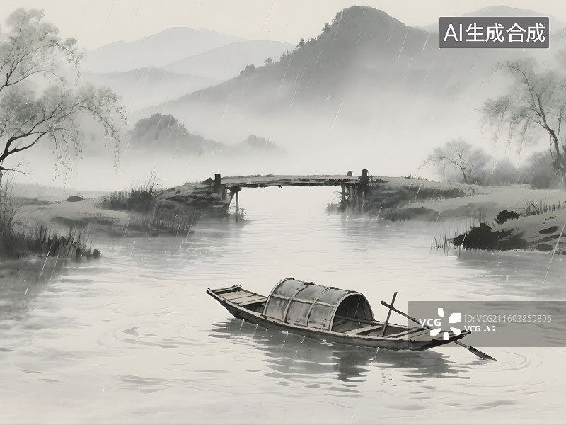 【AI数字艺术】春潮带雨晚来急，野渡无人舟自横图片素材