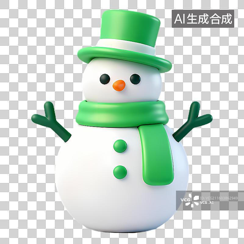 【AI数字艺术】戴着绿色帽子围巾的可爱雪人图片素材