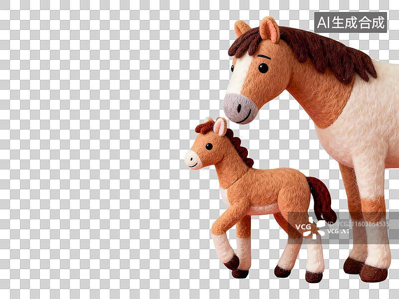 【AI数字艺术】母马和小马，幸福加码，马到福来，3D立体卡通毛毡风质感插画元素图片素材