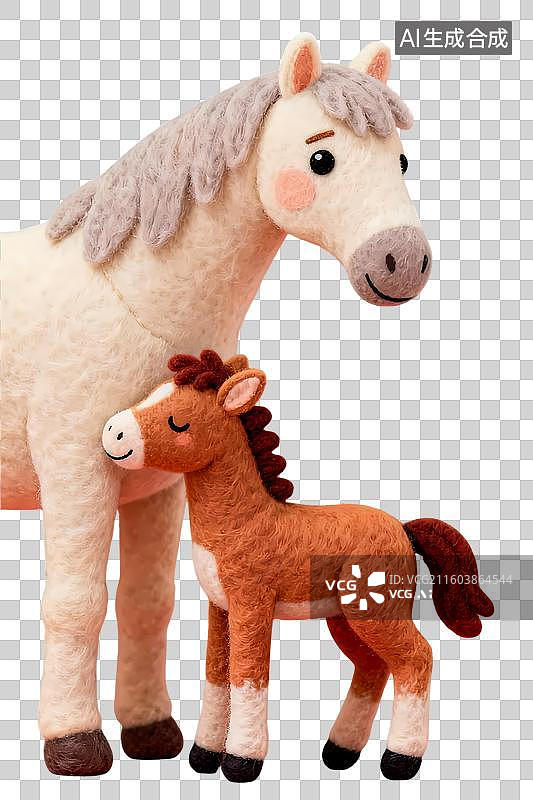 【AI数字艺术】母马和小马，幸福加码，马到福来，3D立体卡通毛毡风质感插画元素图片素材