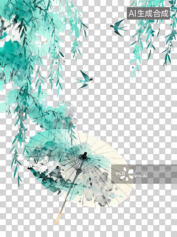 【AI数字艺术】中式油纸伞燕子柳条春天节气寓意水彩2D手绘卡通水墨新中式风质感插画元素图片素材