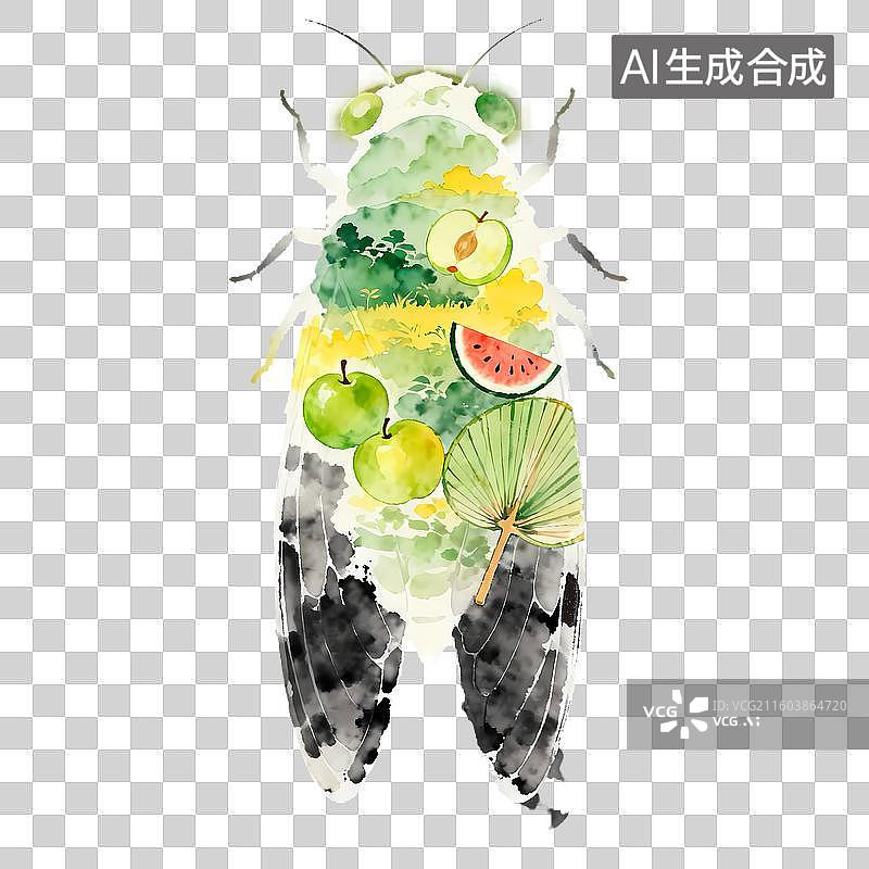 【AI数字艺术】夏日节气寓意蝉荷花西瓜蒲扇2D手绘卡通水墨新中式风质感插画元素图片素材