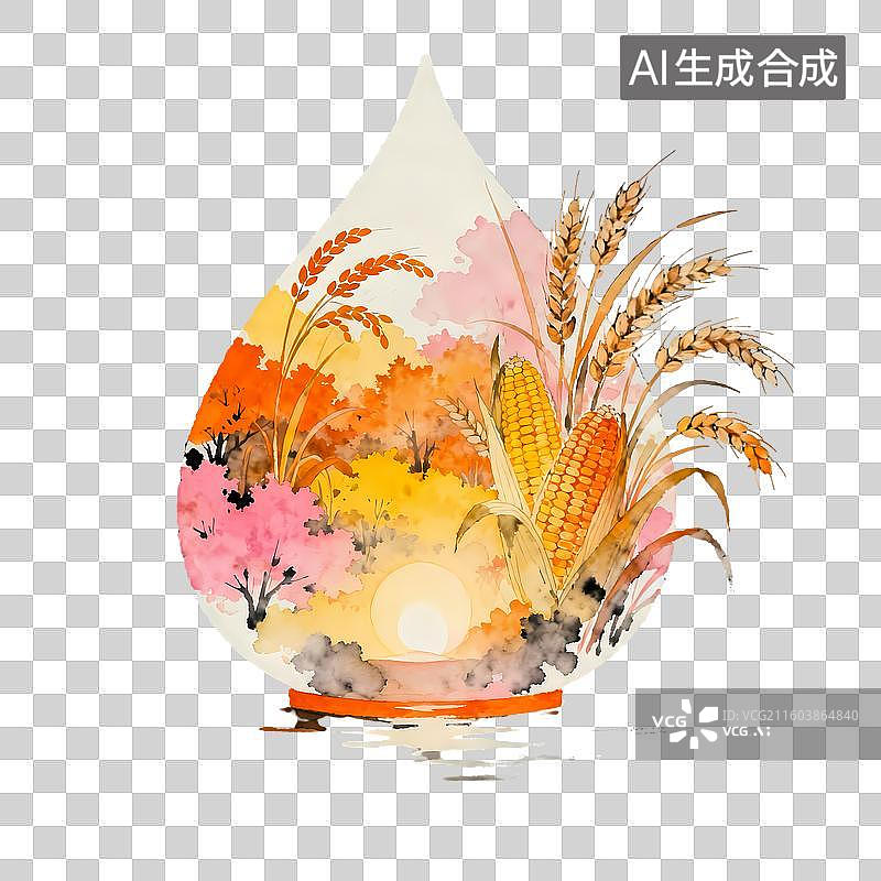 【AI数字艺术】秋季节气寓意河灯小麦稻谷玉米丰收山野2D手绘卡通水墨新中式风质感插画元素图片素材