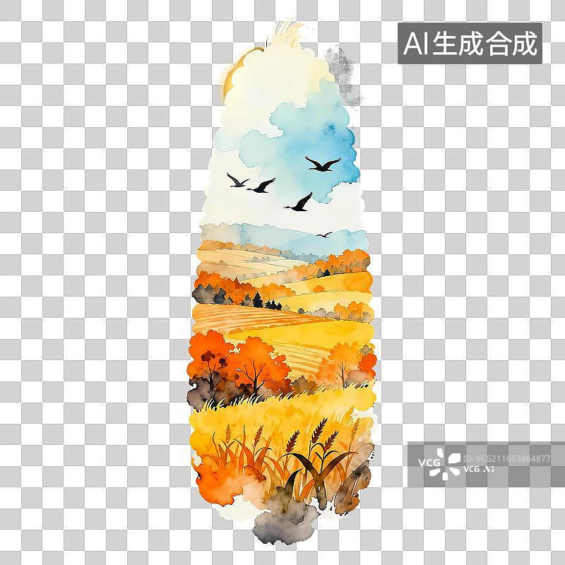 【AI数字艺术】玉米剪影丰收田园柿子秋季节气寓意2D手绘卡通水墨新中式风质感插画元素图片素材