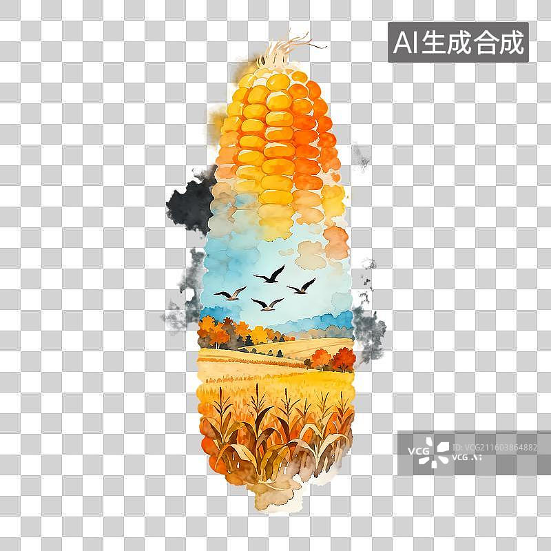 【AI数字艺术】玉米剪影丰收田园柿子秋季节气寓意2D手绘卡通水墨新中式风质感插画元素图片素材