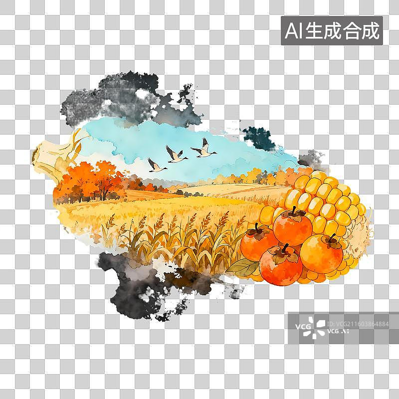 【AI数字艺术】玉米剪影丰收田园柿子秋季节气寓意2D手绘卡通水墨新中式风质感插画元素图片素材