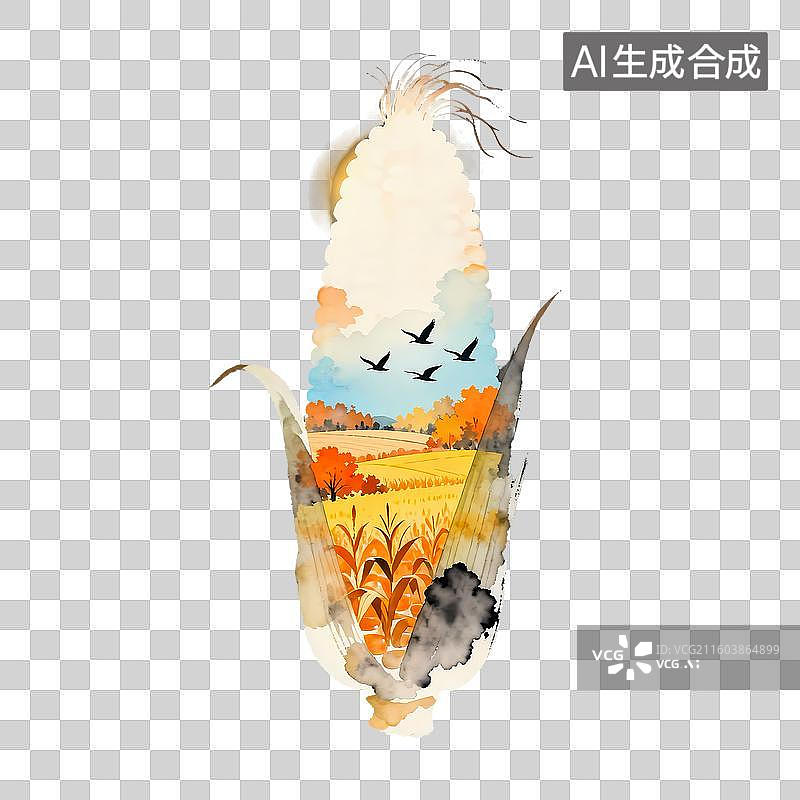 【AI数字艺术】玉米剪影丰收田园柿子秋季节气寓意2D手绘卡通水墨新中式风质感插画元素图片素材