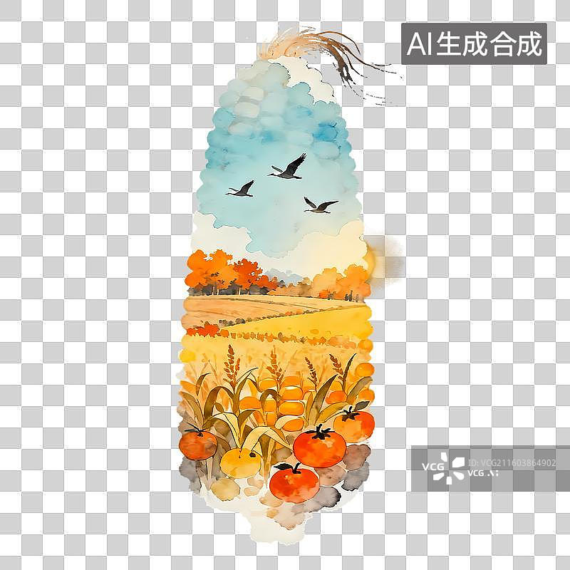 【AI数字艺术】玉米剪影丰收田园柿子秋季节气寓意2D手绘卡通水墨新中式风质感插画元素图片素材
