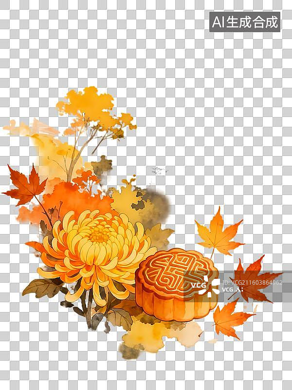 【AI数字艺术】桂花月饼枫叶中秋秋季节气2D手绘卡通水墨新中式风质感插画元素图片素材