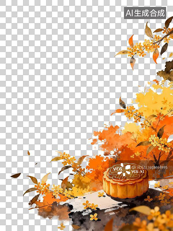 【AI数字艺术】桂花月饼枫叶中秋秋季节气2D手绘卡通水墨新中式风质感插画元素图片素材