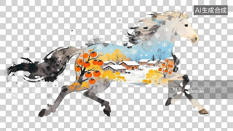 【AI数字艺术】梦幻马儿长着翅膀飞在天空云朵田野星空之上2D手绘卡通水墨新中式风质感插画元素图片素材