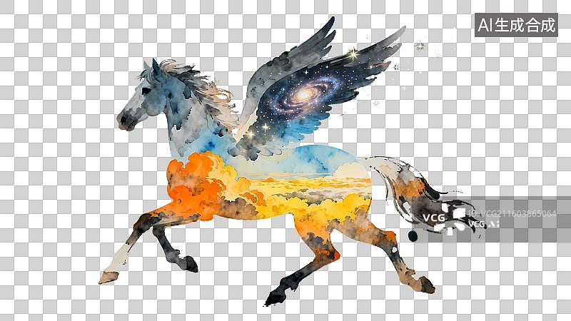 【AI数字艺术】梦幻马儿长着翅膀飞在天空云朵田野星空之上2D手绘卡通水墨新中式风质感插画元素图片素材