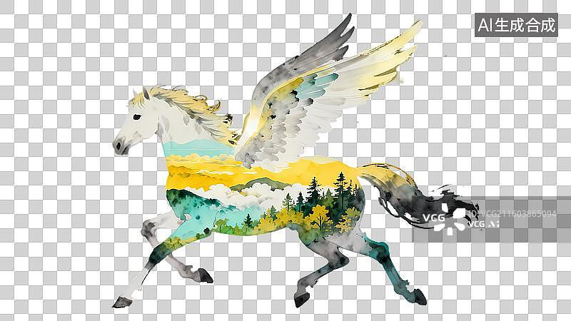 【AI数字艺术】梦幻马儿长着翅膀飞在天空云朵田野星空之上2D手绘卡通水墨新中式风质感插画元素图片素材