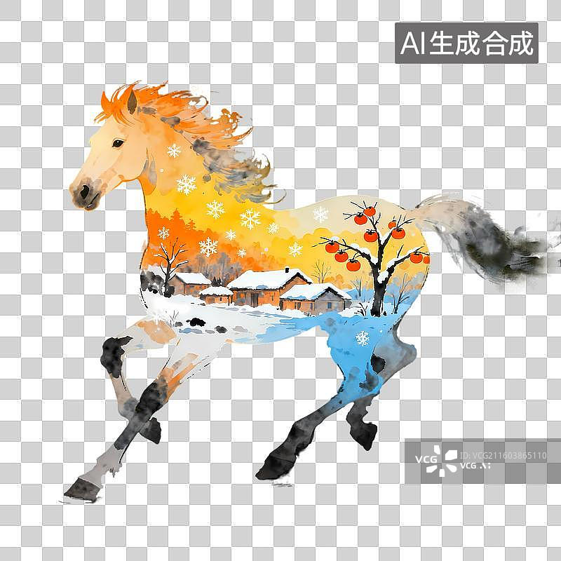 【AI数字艺术】梦幻马儿长着翅膀飞在天空云朵田野星空之上2D手绘卡通水墨新中式风质感插画元素图片素材