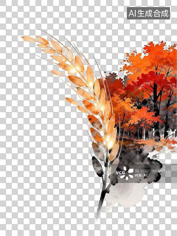 【AI数字艺术】麦穗稻穗丰收红叶山野秋季节气寓意2D手绘卡通水墨新中式风质感插画元素图片素材