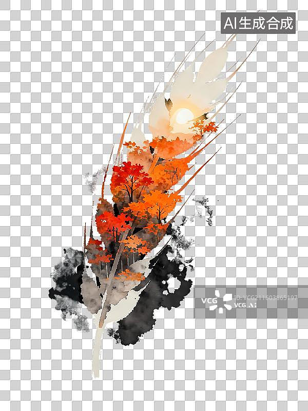 【AI数字艺术】麦穗稻穗丰收红叶山野秋季节气寓意2D手绘卡通水墨新中式风质感插画元素图片素材