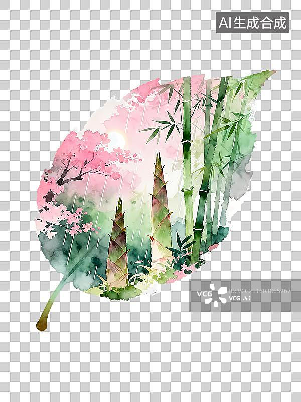 【AI数字艺术】叶片竹笋竹林桃花山野春季节气寓意2D手绘卡通水墨新中式风质感插画元素图片素材