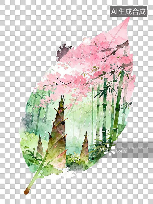 【AI数字艺术】叶片竹笋竹林桃花山野春季节气寓意2D手绘卡通水墨新中式风质感插画元素图片素材