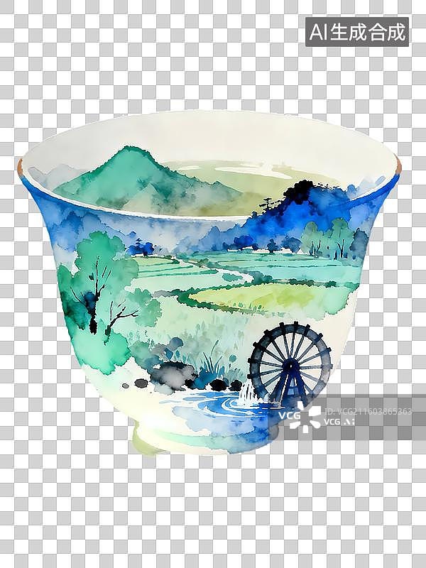 【AI数字艺术】茶杯水车绿色山野梯田春天节气寓意2D手绘卡通水墨新中式风质感插画元素图片素材