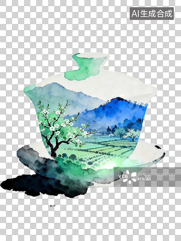 【AI数字艺术】茶杯水车绿色山野梯田春天节气寓意2D手绘卡通水墨新中式风质感插画元素图片素材