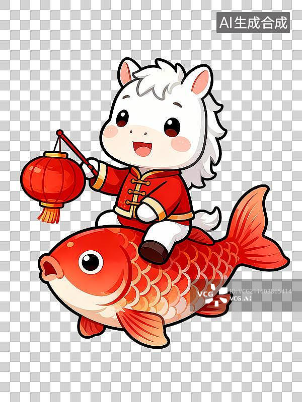 【AI数字艺术】拟人可爱小白马提着灯笼骑着锦鲤穿着新年衣服2D手绘卡通描边风质感插画元素图片素材