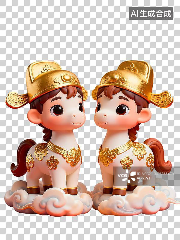 【AI数字艺术】Q版卡通小马带着官帽踏着祥云3D立体卡通拟物风质感插画元素图片素材