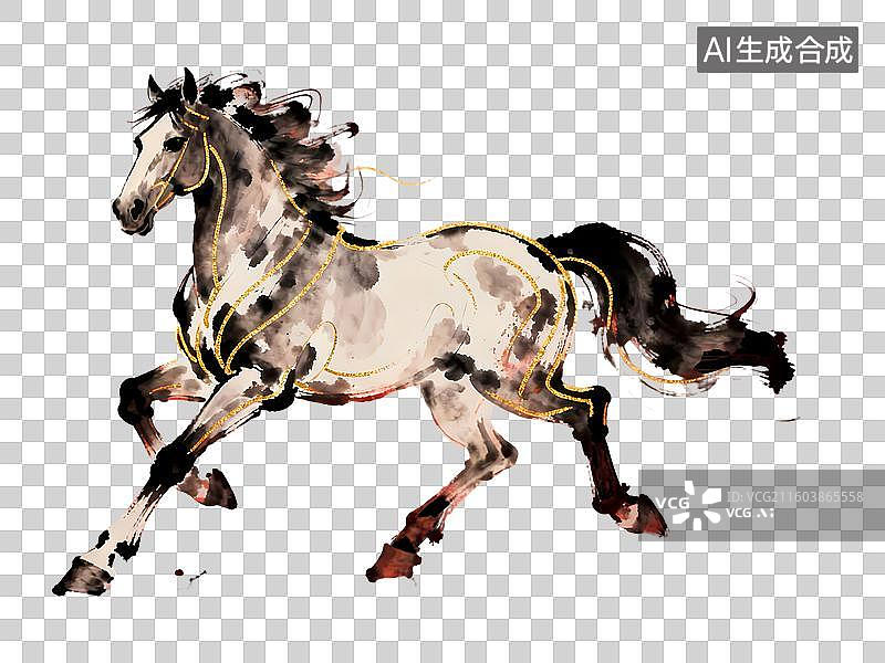 【AI数字艺术】奔腾的马金线洒脱2D手绘卡通水墨新中式风质感插画元素图片素材