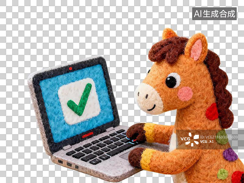 【AI数字艺术】小棕马看着电脑屏幕3D立体卡通毛毡风质感插画元素图片素材