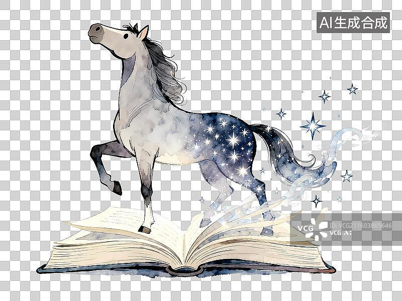 【AI数字艺术】一身星星的白马从书本中走出2D手绘卡通扁平风质感插画元素图片素材