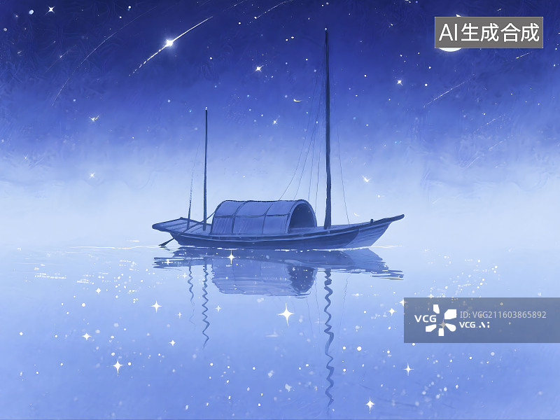 【AI数字艺术】夜晚水面上的船图片素材