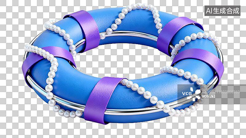 【AI数字艺术】装饰有紫色带子和珍珠的蓝色救生圈图片素材