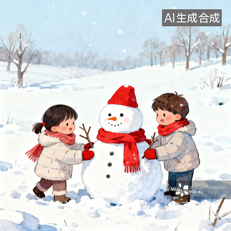 【AI数字艺术】两个小朋友堆了一个雪人，雪人有红色的帽子，红色的围脖，小朋友穿着棉袄带着围脖手套，可爱插画风格图片素材