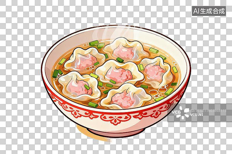【AI数字艺术】卡通风格，一碗鲜美的馄饨，上面撒着葱花PNG格式的免扣元素图片素材