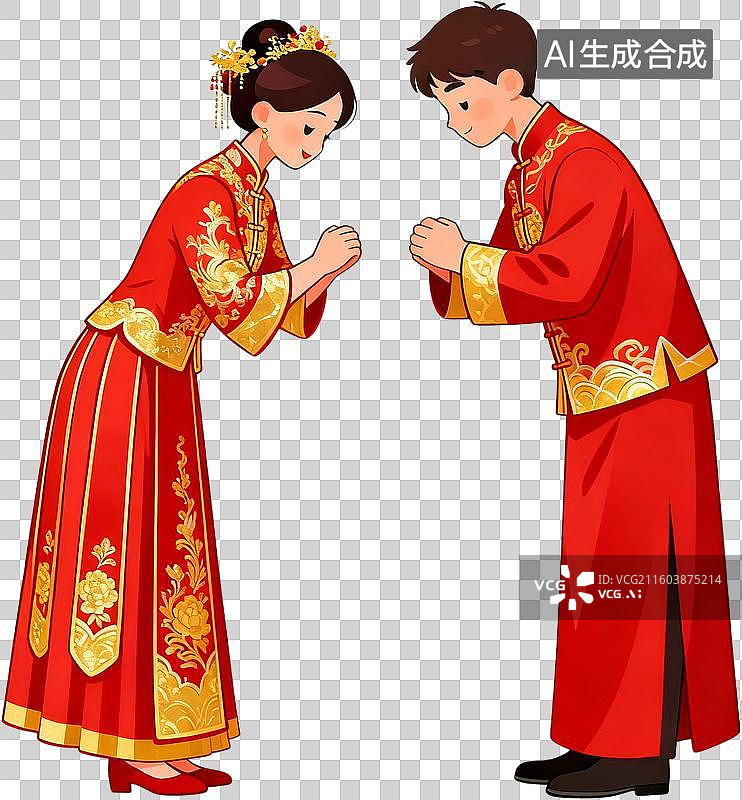 【AI数字艺术】卡通插画结婚中式婚礼插画元素图片素材