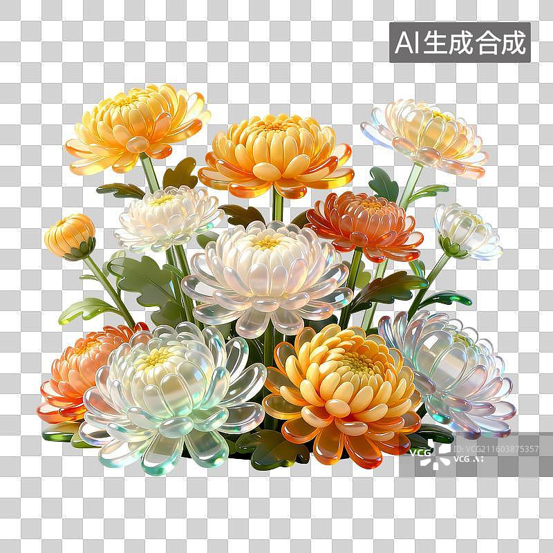 【AI数字艺术】多种类菊花集合3D卡通C4D渲染透明玻璃质感果冻风插画元素图片素材