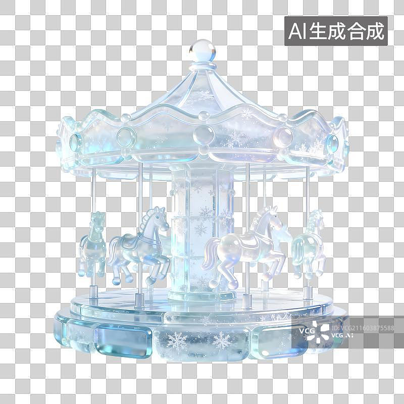 【AI数字艺术】冰旋转木马游乐园3D卡通C4D渲染透明玻璃质感果冻风插画元素图片素材